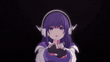 a purple haired anime girl wearing headphones and a purple jacket