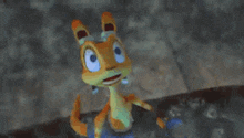 a cartoon lizard is standing on a rock and looking at something .