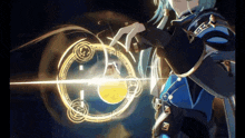 a person is holding a light bulb in their hand while standing in front of a glowing circle .