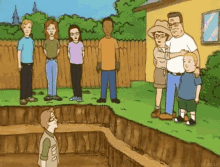 a cartoon of a family standing around a hole in the ground .