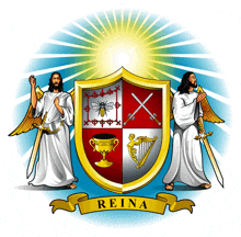 a coat of arms with jesus and two angels and the word reina on the bottom