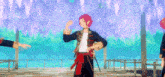 a man with red hair is holding a sword and dancing in front of purple flowers .