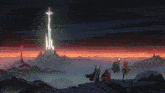 a pixel art of a purple sky with lightning and a castle