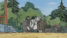 a cartoon of a group of people standing in the woods