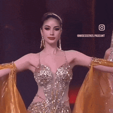 a woman in a gold dress is smiling with the hashtag misesseres.pageant on the bottom