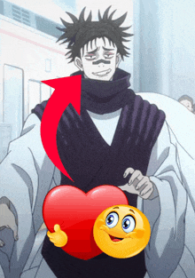 a man in a kimono is holding a red heart and a yellow smiley face