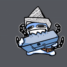 a cartoon character holding a refrigerator with a newspaper hat on