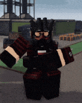 a minecraft character wearing a helmet and goggles is standing in front of a building