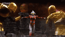 a woman in a red and white superhero costume stands in front of two gold robots with the word ultraman on the bottom