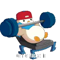 a pixel art of a penguin lifting a barbell with the words set it tile it below him