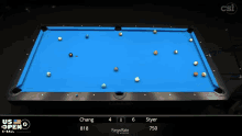 a pool table with us open written on the top