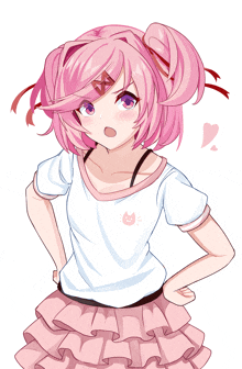 a girl with pink hair has a cat on her shirt