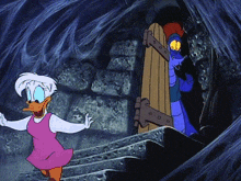 a cartoon of donald duck and daisy duck standing on stairs
