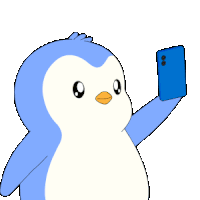 a cartoon penguin taking a selfie with a blue phone