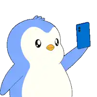 a cartoon penguin taking a selfie with a blue phone