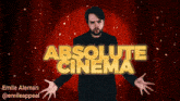 a man stands in front of a red curtain with the words absolute cinema