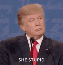 donald trump is talking into a microphone while wearing a suit and tie and saying `` she stupid '' .
