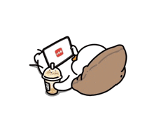 a cartoon of a duck laying on a pillow holding a cup of tea and a tablet