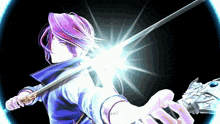 a girl with purple hair is holding a sword in a video game that says ' dupair ' at the bottom