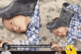 a baby is laying on the ground with a boot on his head and the words " you holding the boot down on your own heads "