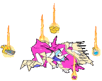 a drawing of a cartoon character laying on the ground with fire coming out of it 's mouth .