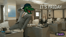a cartoon of a man with a crocodile head and the words it 's friday above him