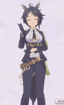 a girl with a horse 's tail is wearing a black suit and tie