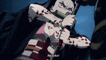 a cartoon character is holding a sword and says " nezuko " at the bottom