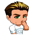 a cartoon character with a white shirt and green eyes