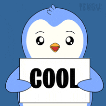 a penguin holds a sign that says cool