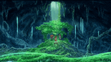 a couple of people standing in a dark cave with a tree in the middle