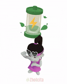 a cartoon of a girl standing next to a green battery with leaves coming out of it