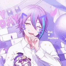 a purple haired anime character with the name rui matheo on the bottom right