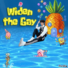 a poster with spongebob patrick and a pineapple house says widen the gay