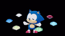 sonic the hedgehog is surrounded by a bunch of gems and a black background .