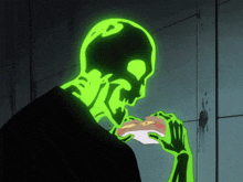 a glowing skeleton is eating a sandwich in the dark