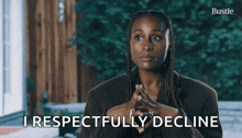 a woman says i respectfully decline in a video