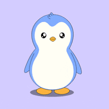 a blue and white penguin is holding a gold coin with the letter x on it