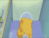a cartoon of a monster with horns standing next to a dinosaur