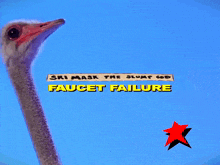 a picture of an ostrich with a sign that says ski mask the slump god faucet failure