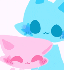 a blue cat and a pink cat are standing next to each other on a white background
