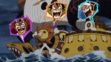 a group of cartoon characters are riding on the back of a boat in the ocean .