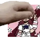 a hand is touching a cartoon girl 's face on a pink background with stars .