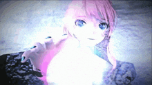 a girl with pink hair and blue eyes reaches out towards the camera
