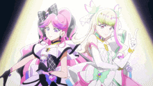 two anime girls are standing next to each other and one has a crown on her head
