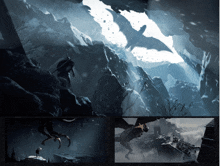 a collage of images shows a cave with a shark in the background