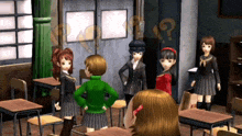 a group of anime girls standing in a classroom with a question mark in the background