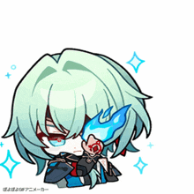 a cartoon of a girl with green hair and blue flames