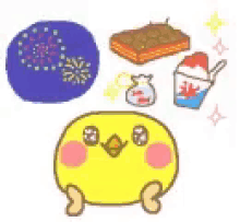 a yellow chicken is sitting next to a fireworks display .