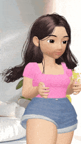 a cartoon girl wearing a pink top and blue shorts